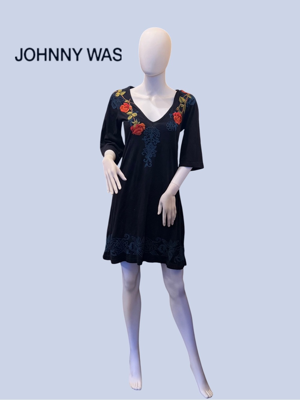 Johnny Was JWLA Navy Blue Embroidered Roses Knit Tunic Dress NWT Size M